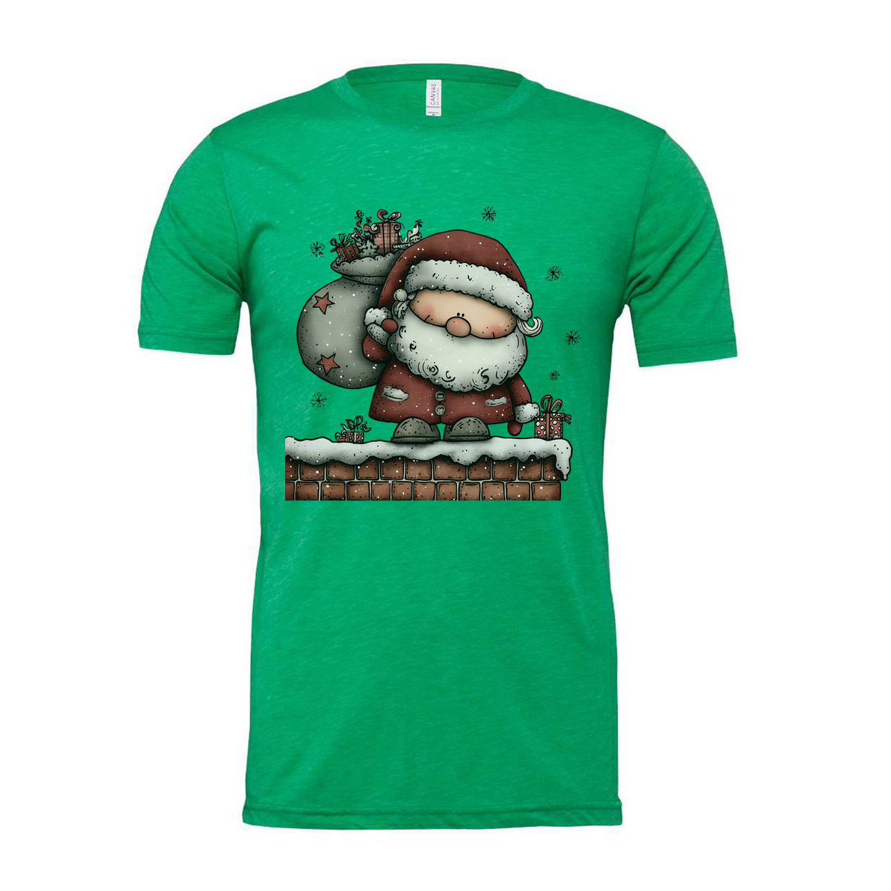 Santa Claus Standing On Snowy Chimney With Gift Sack Unisex Christmas Graphic T Shirt