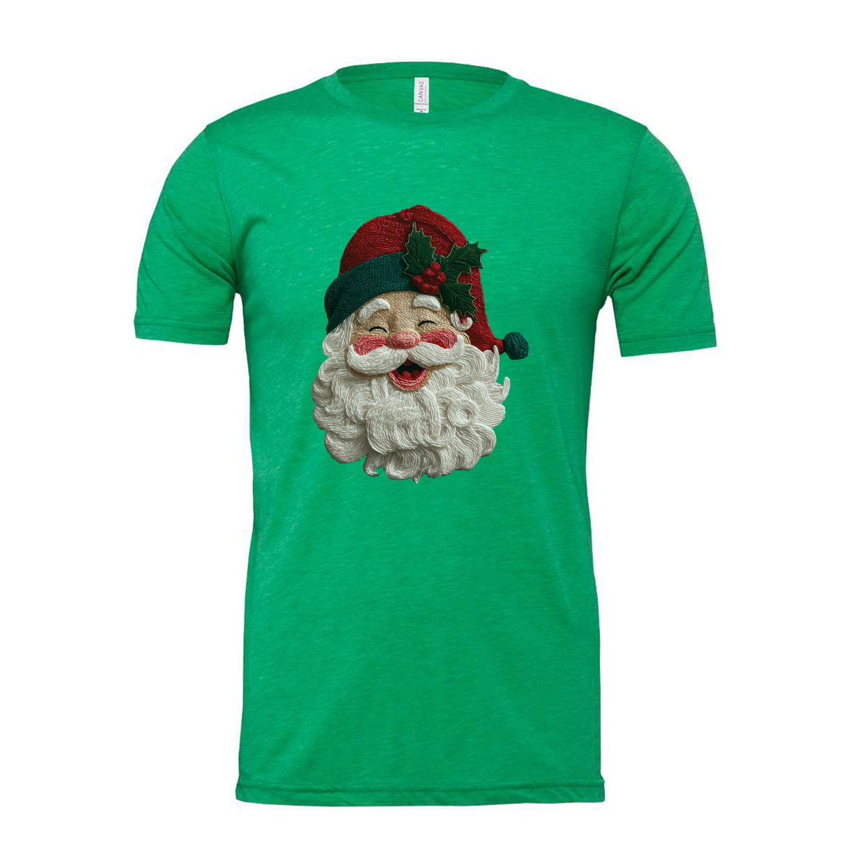 Unisex Christmas T Shirt With Santa Face And Holly Hat Design For Holiday Cheer