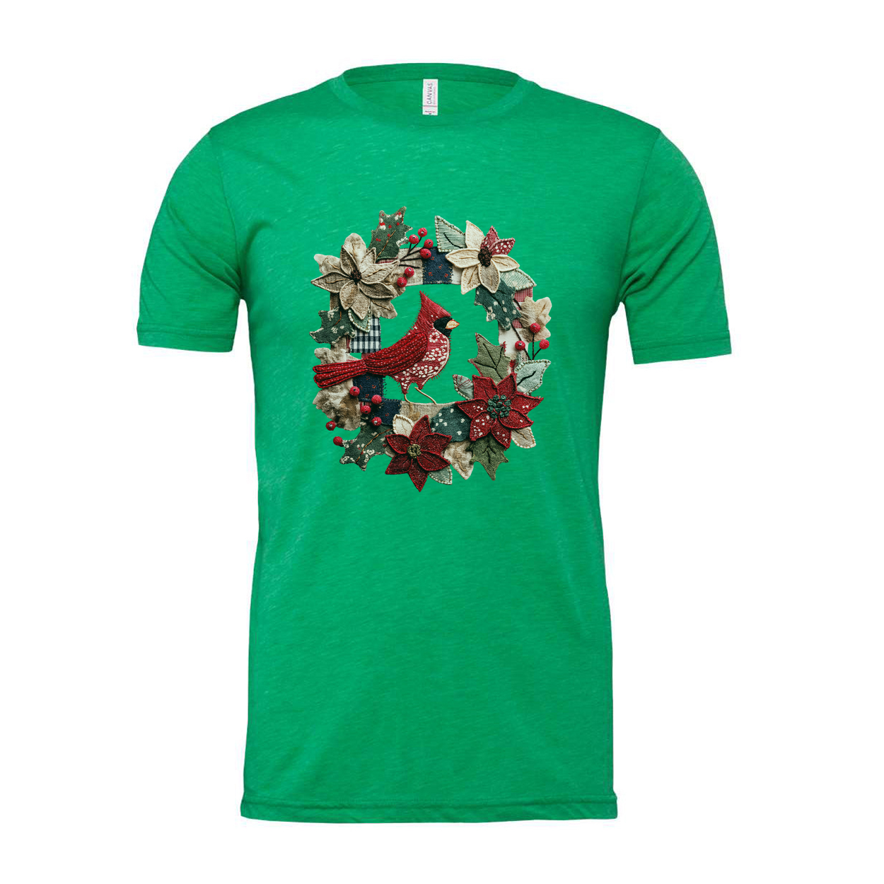 Unisex Christmas T Shirt Featuring Red Cardinal In A Festive Holly And Poinsettia Wreath