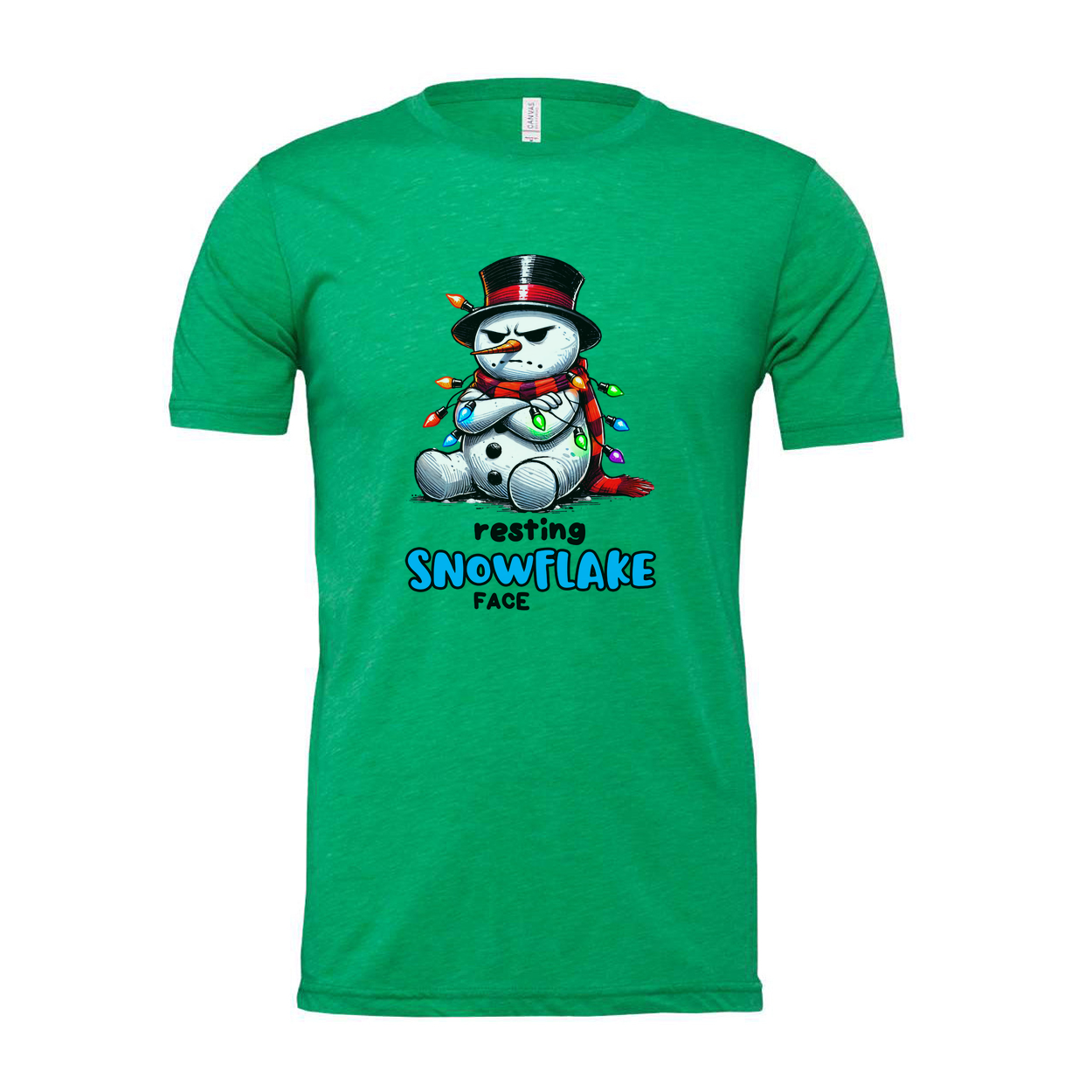 Resting Snowflake Face Snowman T Shirt Unisex Graphic With Christmas Lights And Top Hat
