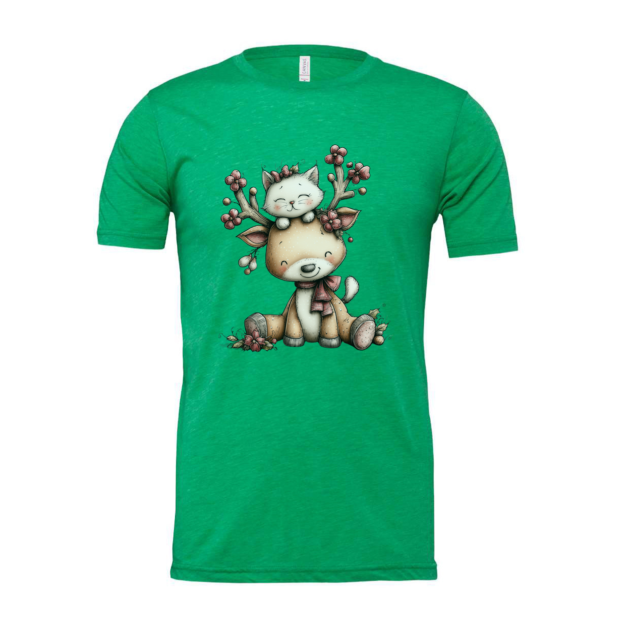 Unisex Christmas T Shirt With Cute Deer And Kitten Graphic Print In Winter Scene