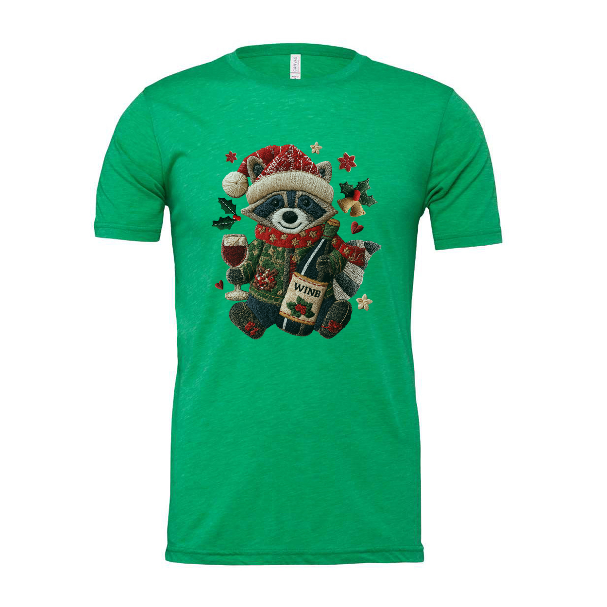 White Unisex Christmas Raccoon Graphic T Shirt With Santa Hat Scarf Wine Bottle And Holly
