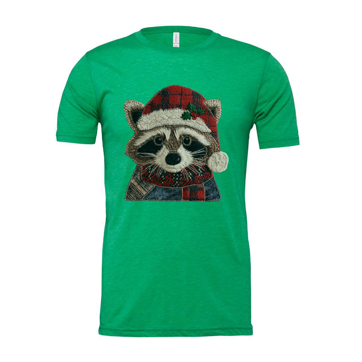 Raccoon Christmas T Shirt With Plaid Santa Hat And Cozy Scarf For Holiday Cheer
