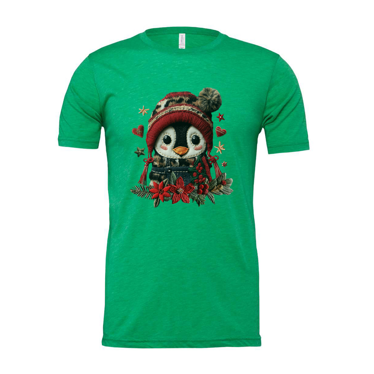 Penguin Christmas Graphic Tee With Red Winter Beanie And Festive Floral Embellishments For Holidays