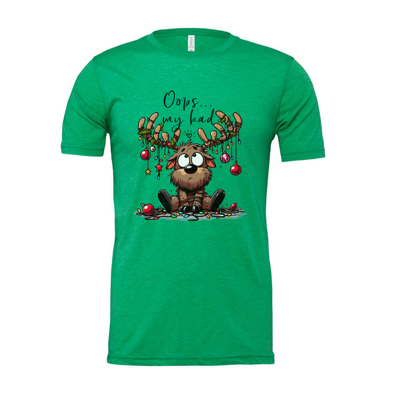 Unisex Christmas Graphic T Shirt With Cute Reindeer Character And Oops My Bad Text Design
