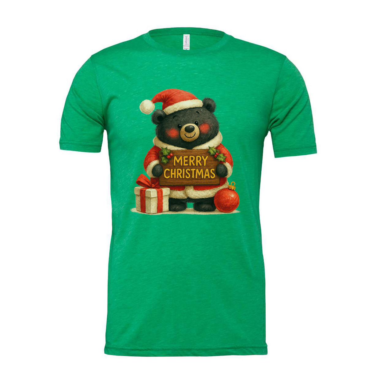Unisex Christmas T Shirt With Cute Bear Santa Graphic Holding A Merry Christmas Sign