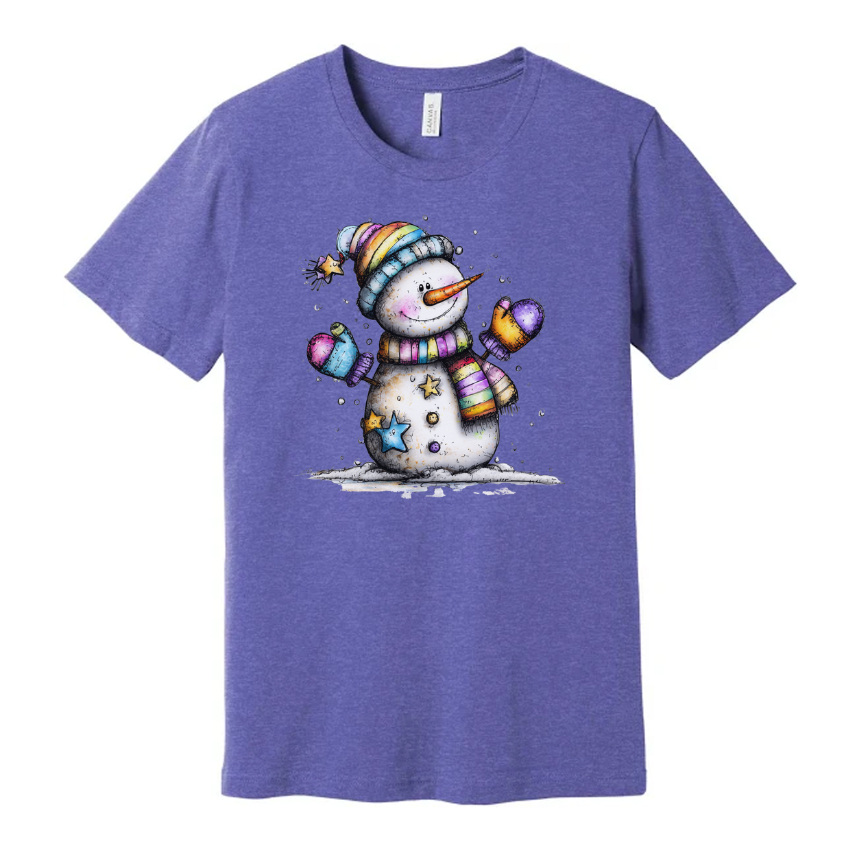 Colorful Snowman T Shirt With Rainbow Scarf And Beanie Christmas Design For Unisex Wear