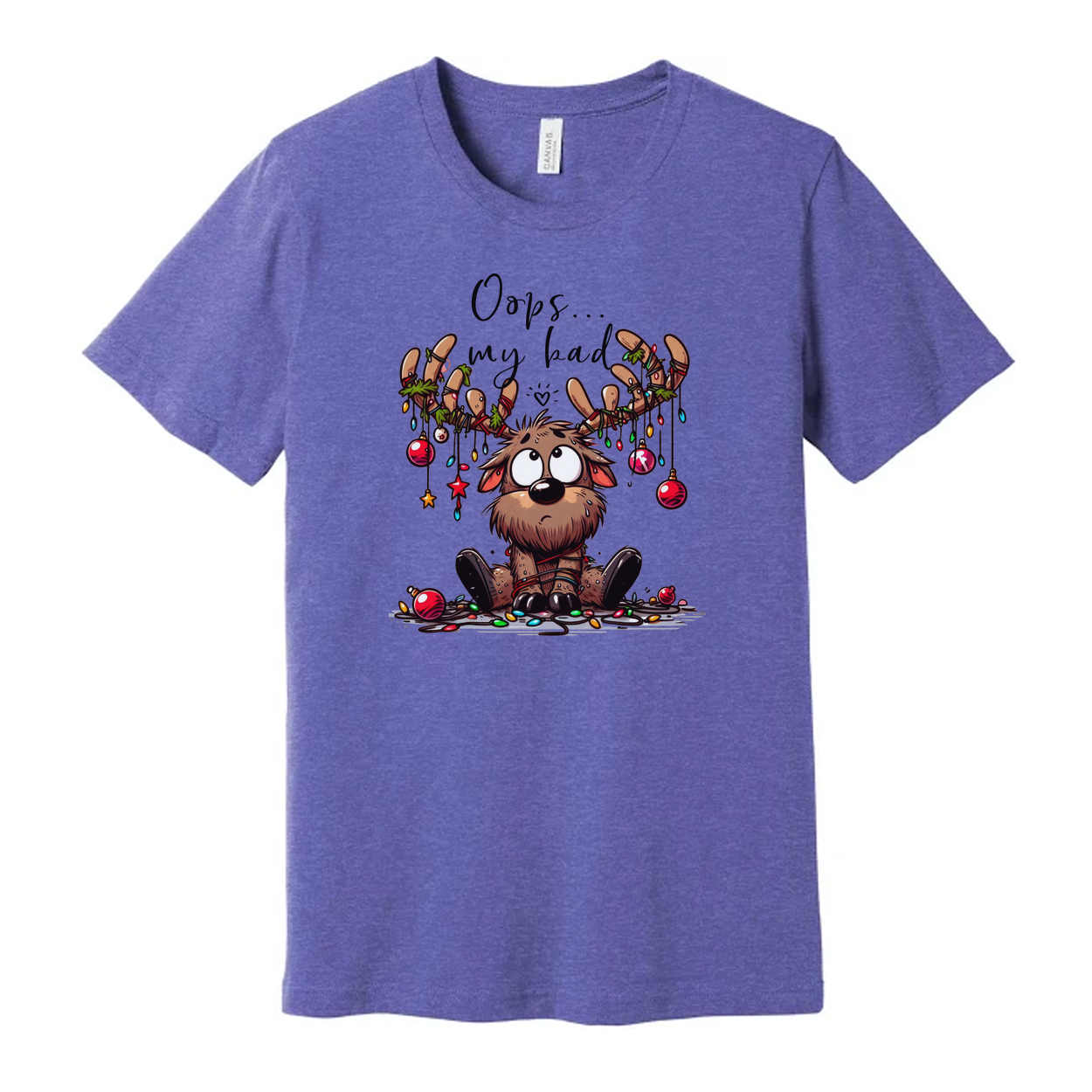 Unisex Christmas Graphic T Shirt With Cute Reindeer Character And Oops My Bad Text Design