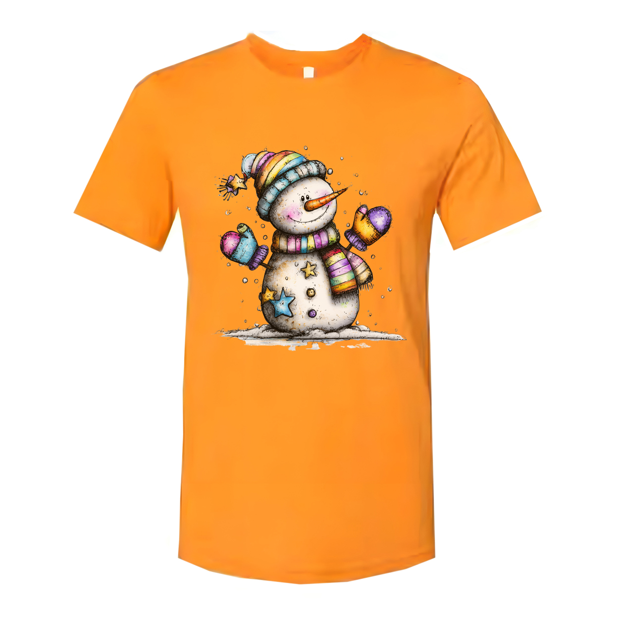 Colorful Snowman T Shirt With Rainbow Scarf And Beanie Christmas Design For Unisex Wear