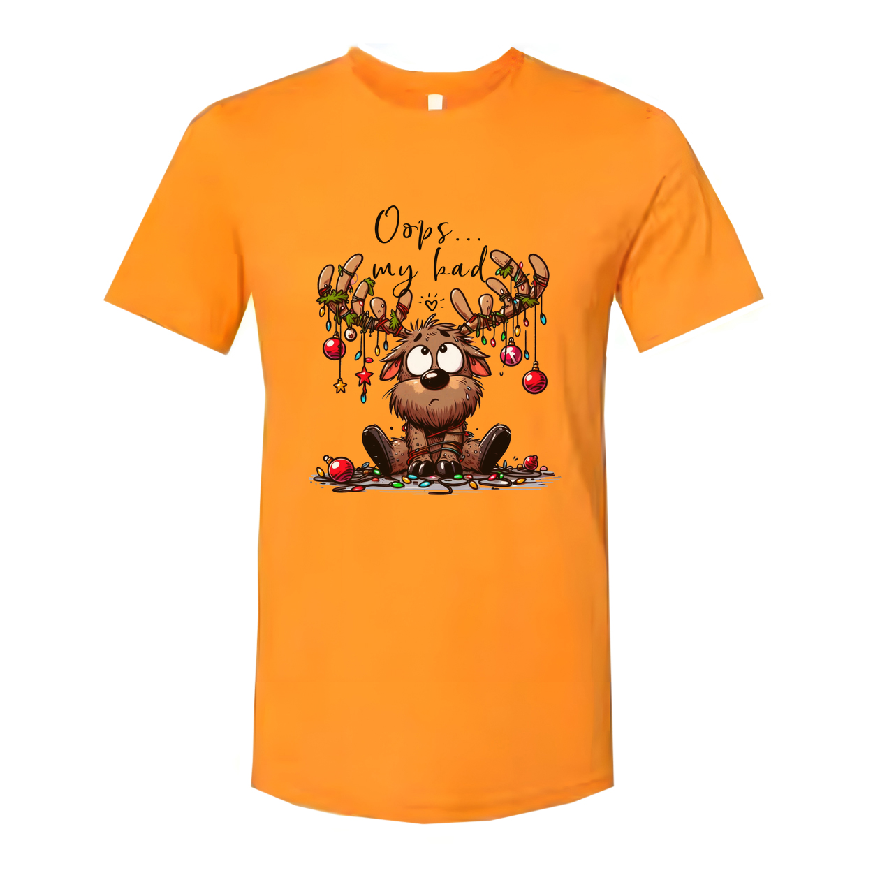 Unisex Christmas Graphic T Shirt With Cute Reindeer Character And Oops My Bad Text Design