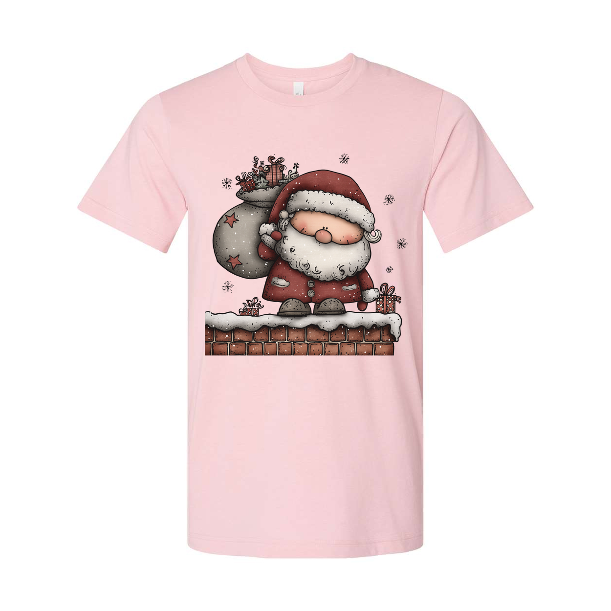 Santa Claus Standing On Snowy Chimney With Gift Sack Unisex Christmas Graphic T Shirt