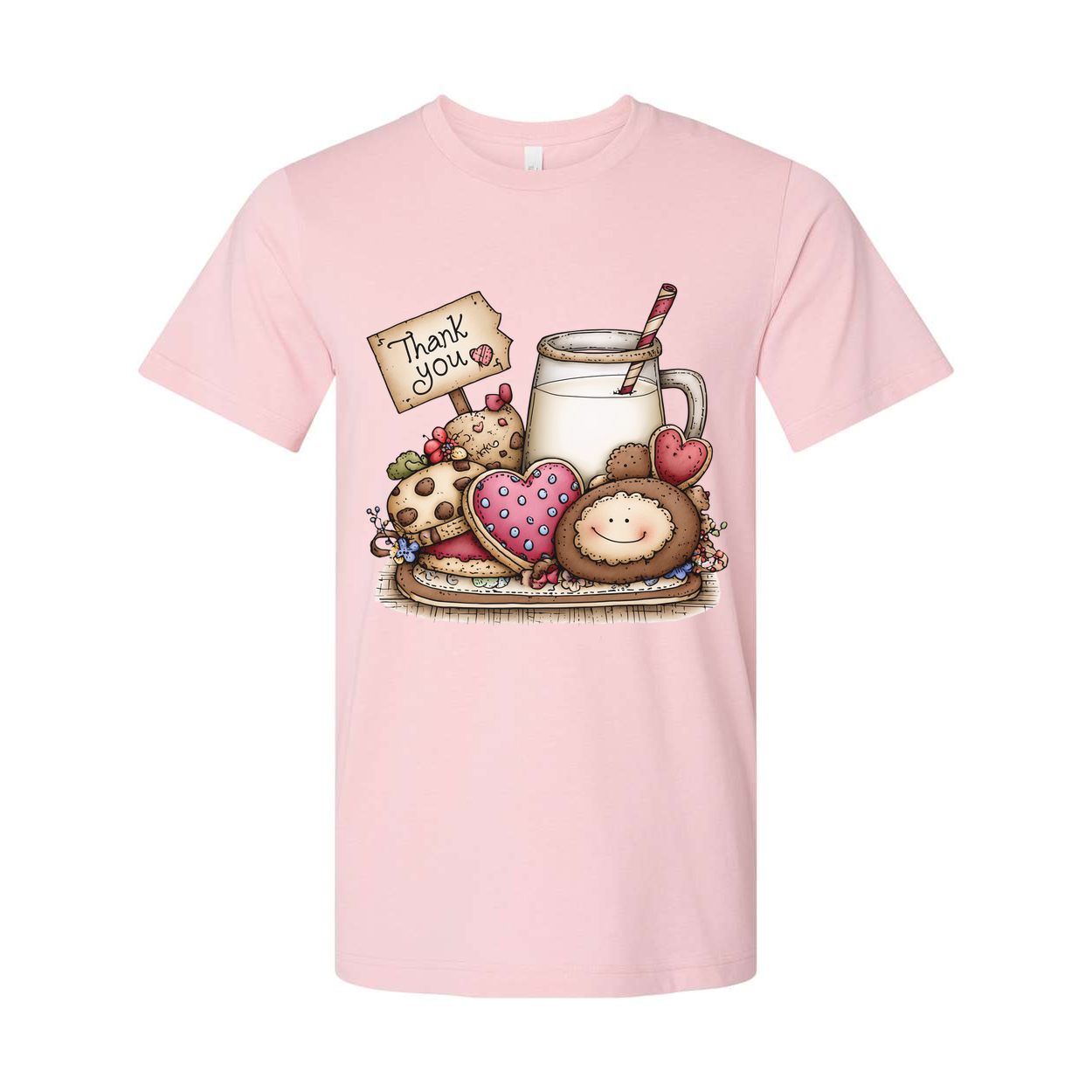 Unisex Graphic T Shirt With Milk And Cookies Illustration And Thank You Sign Print