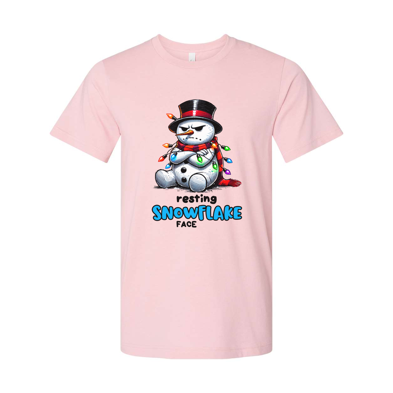 Resting Snowflake Face Snowman T Shirt Unisex Graphic With Christmas Lights And Top Hat