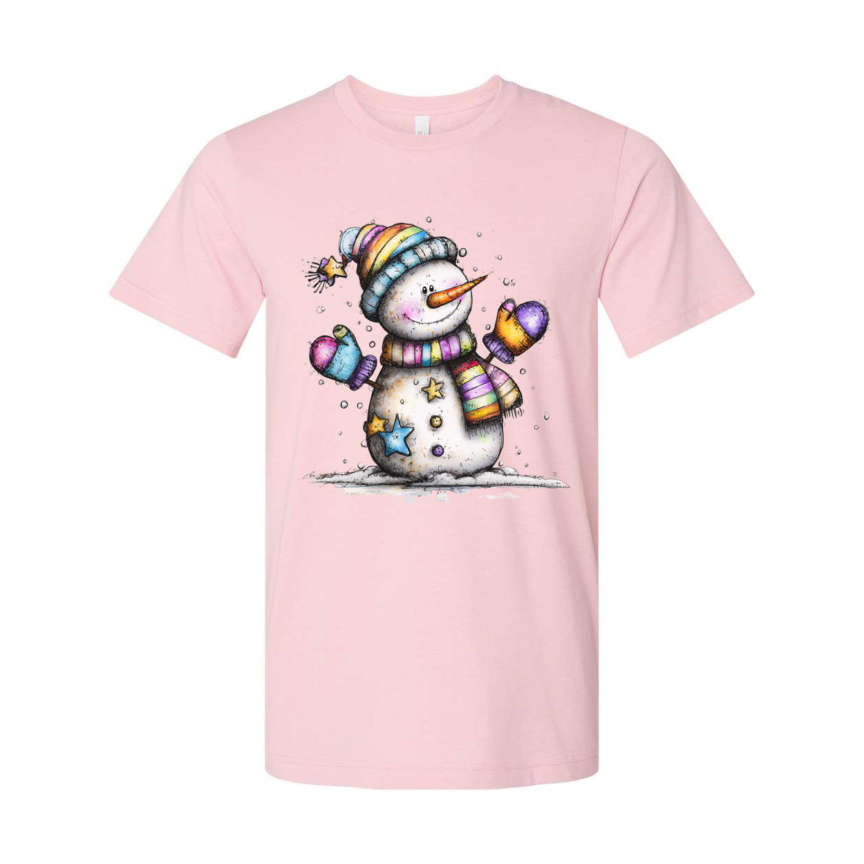 Colorful Snowman T Shirt With Rainbow Scarf And Beanie Christmas Design For Unisex Wear