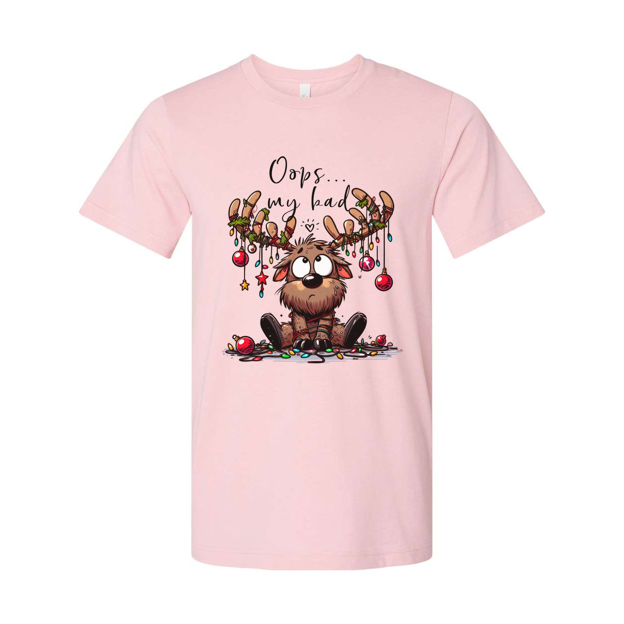 Unisex Christmas Graphic T Shirt With Cute Reindeer Character And Oops My Bad Text Design