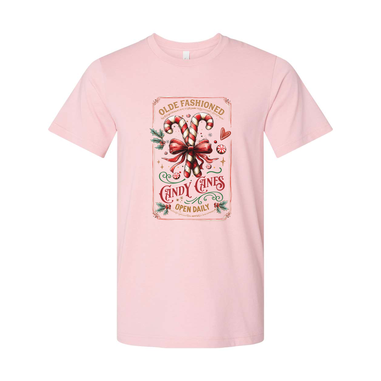 Unisex Christmas T Shirt With Olde Fashioned Candy Canes And Holiday Bow Design Graphic