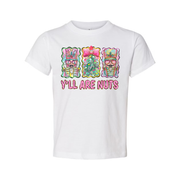 Unisex Christmas T Shirt Featuring Colorful Nutcrackers And Christmas Tree With Y'LL ARE NUTS Phrase