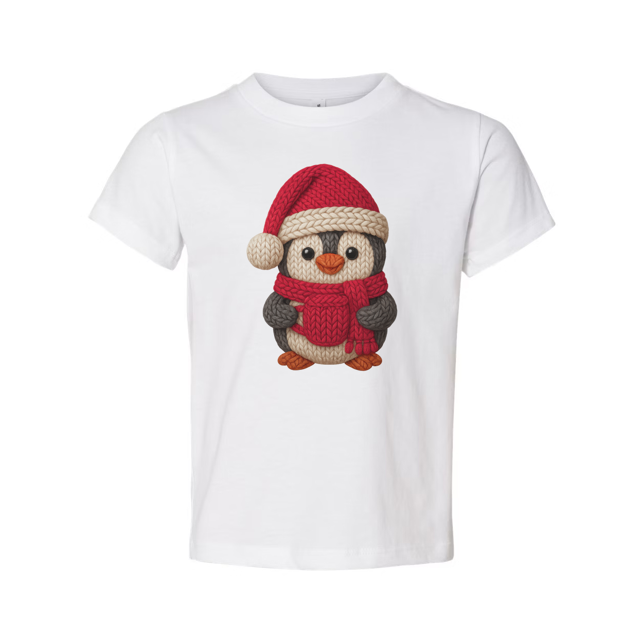Unisex Christmas Penguin Knit Design T Shirt With Santa Hat And Red Cozy Scarf Print