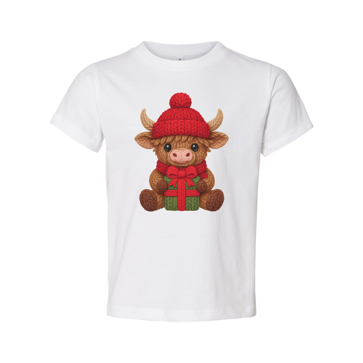 Christmas Knit Cow Calf With Red Hat And Gift Graphic T Shirt For Men And Women Unisex Cotton Tee