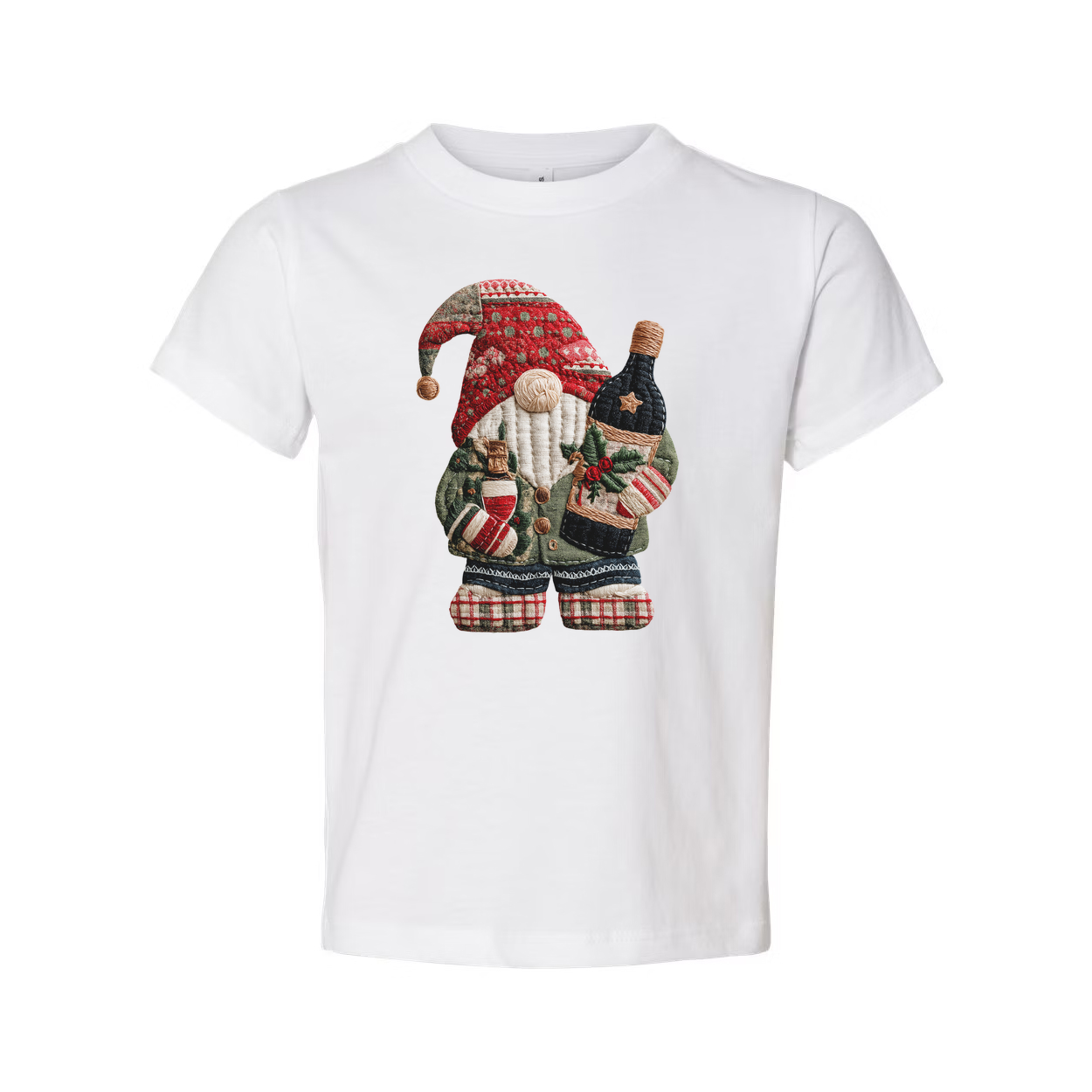 Christmas Santa Claus Knitted Patch T Shirt Featuring Bottle Wrapped Gifts And Festive Details