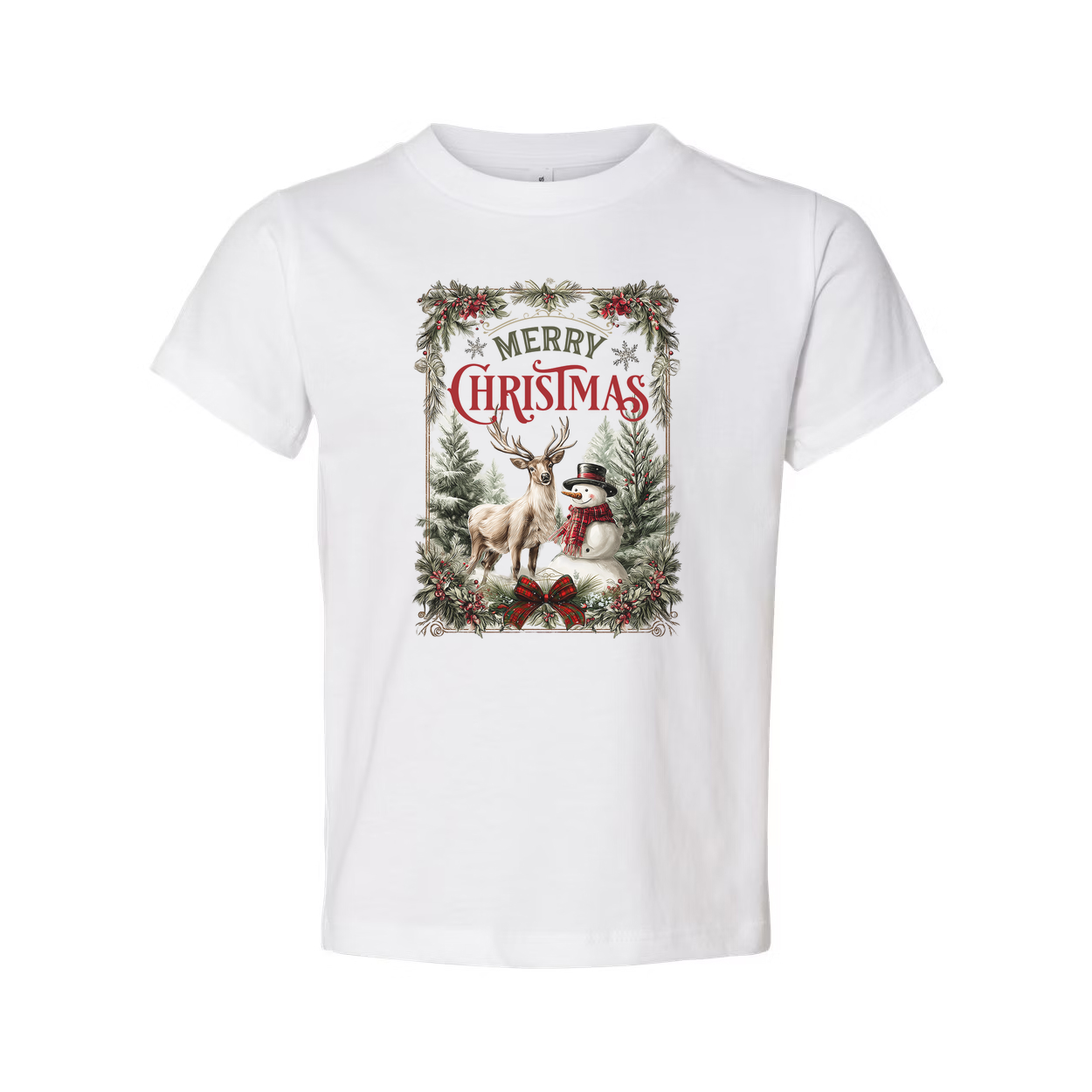 Merry Christmas Graphic Unisex T Shirt With Deer Snowman In Winter Forest Scene Artwork