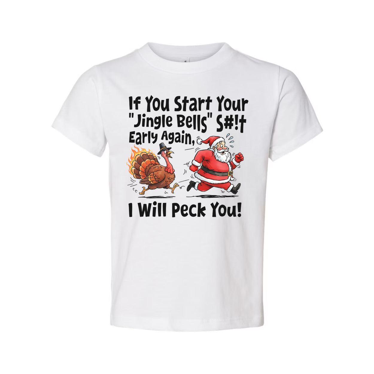 Christmas Unisex T Shirt With Santa And Turkey Cartoon And Humorous Quote About Jingle Bells I Will Peck You