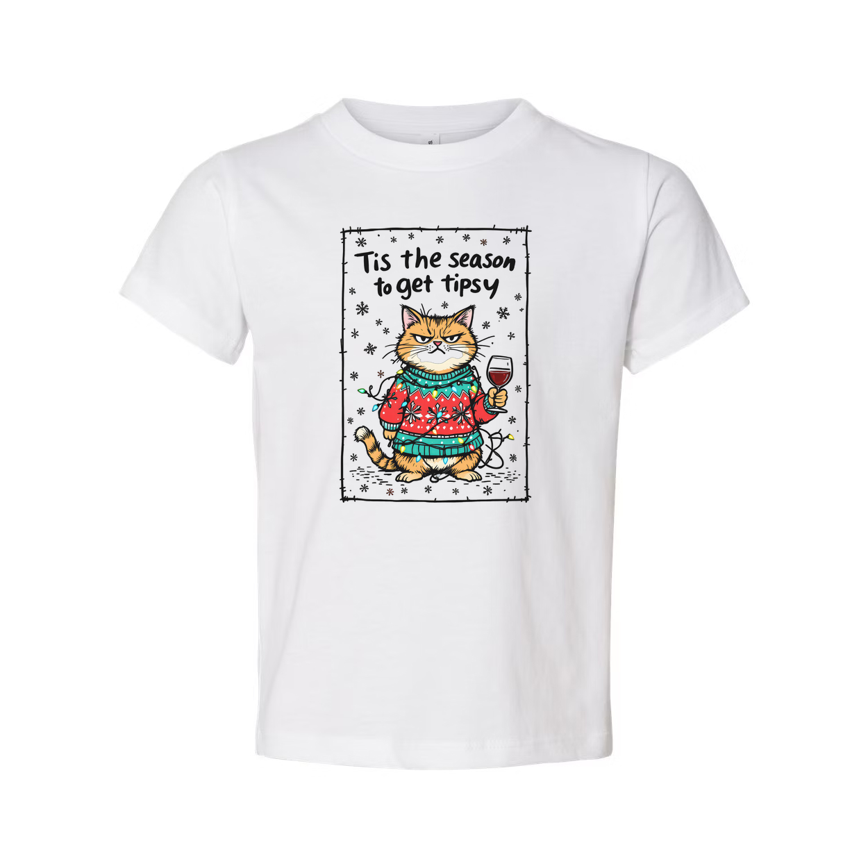 Unisex Christmas Cat Graphic Tee With Cozy Sweater And Wine Glass Tis The Season