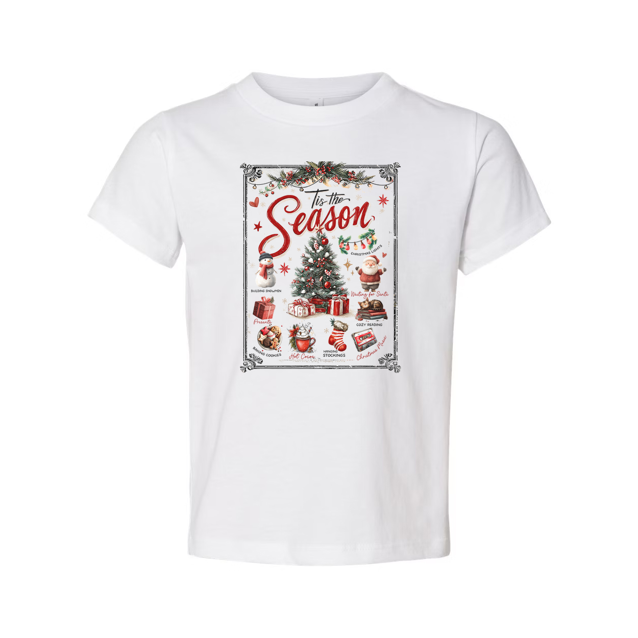 Christmas Themed Unisex T Shirt With Tis The Season Graphic Featuring Christmas Tree Santa And Gifts