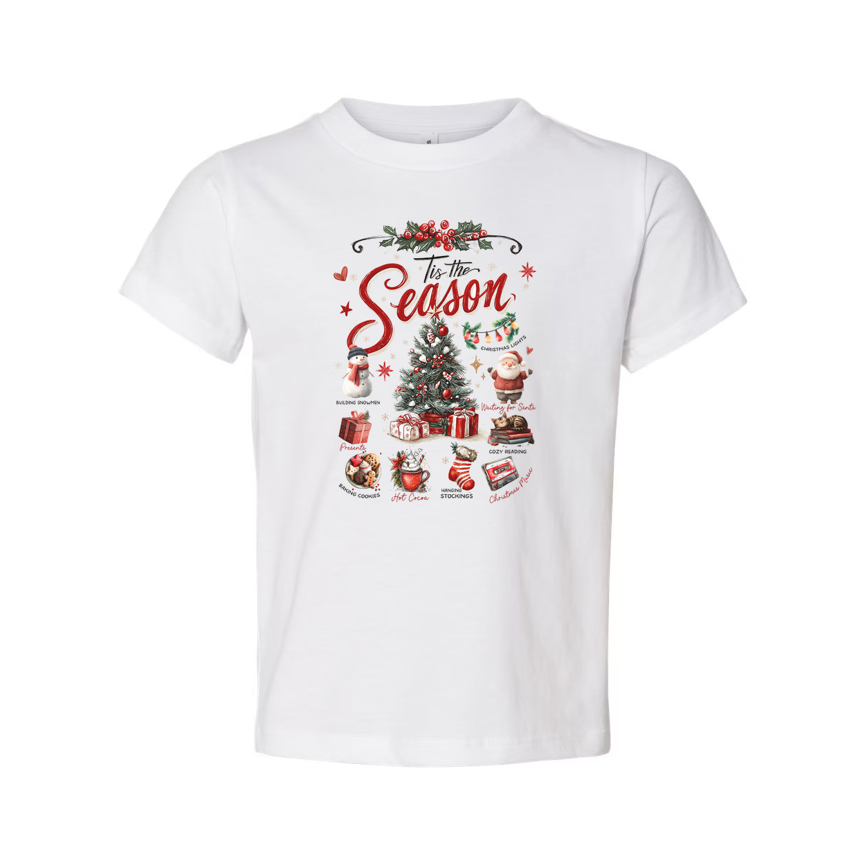 Christmas Unisex T Shirt Tis The Season Graphic Featuring Christmas Tree Santa Stockings Gifts Cookies Cocoa