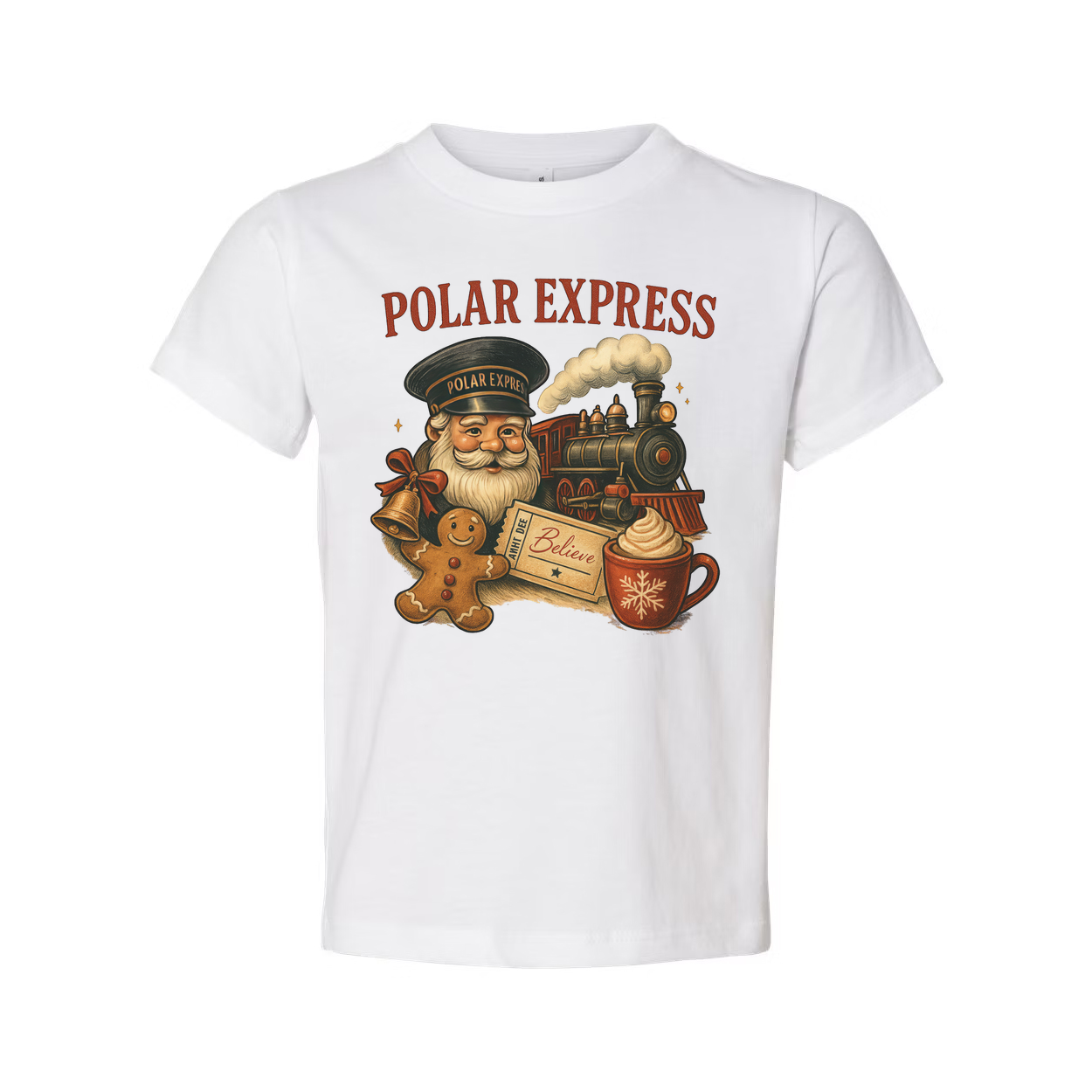 Polar Express Christmas Unisex T Shirt With Steam Train Santa Gingerbread And Coffee Mug Illustration