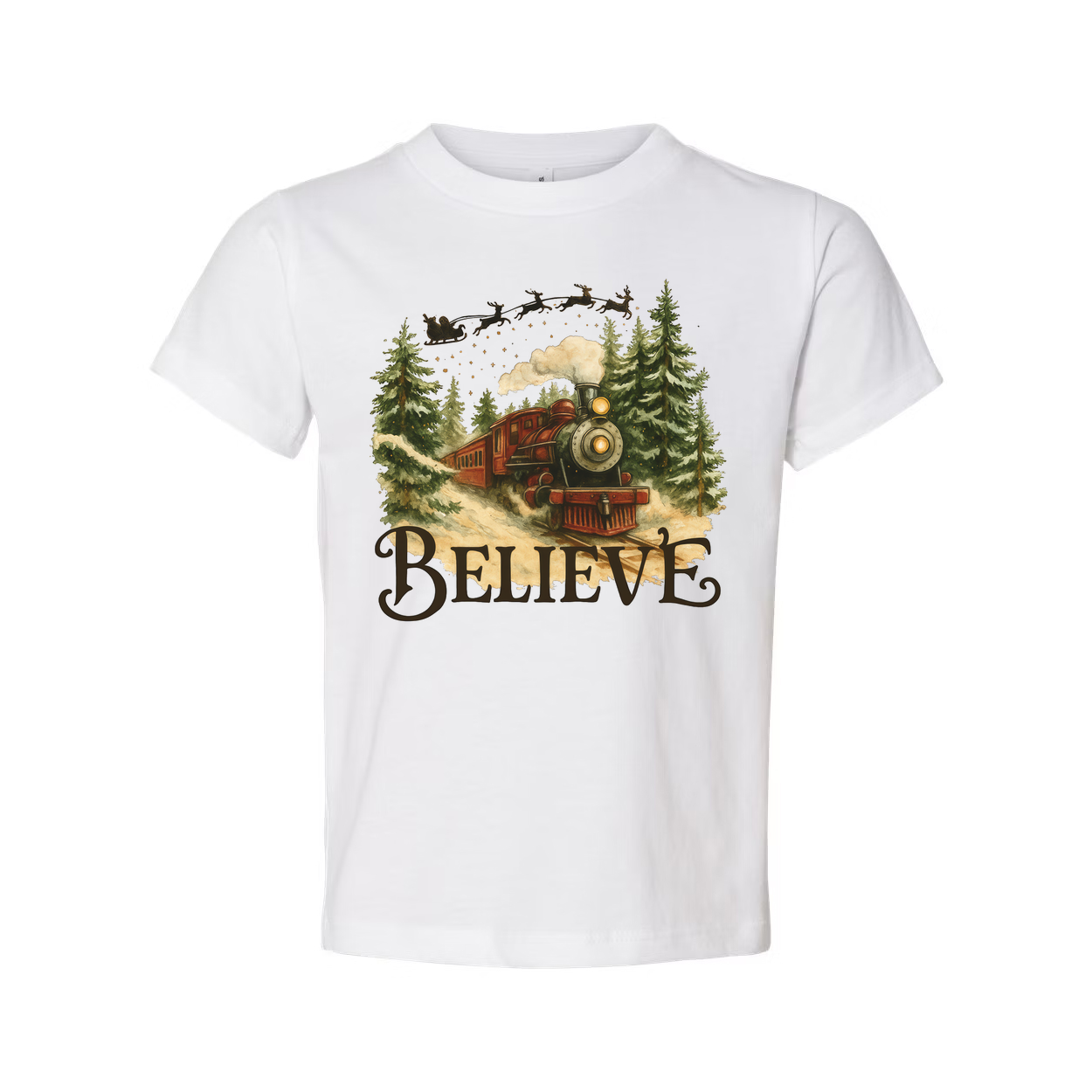 Believe Christmas Train Graphic T Shirt With Vintage Steam Engine In Forest Scene