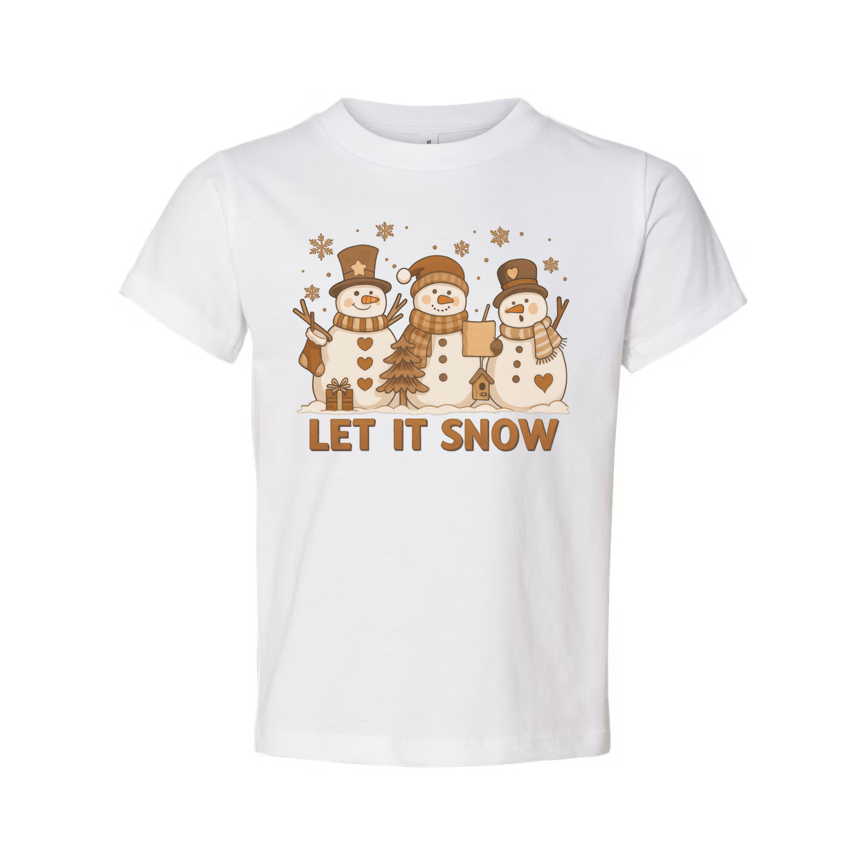 Let It Snow Christmas Graphic Tee Unisex Short Sleeve Snowman Trio Design For Holiday Season