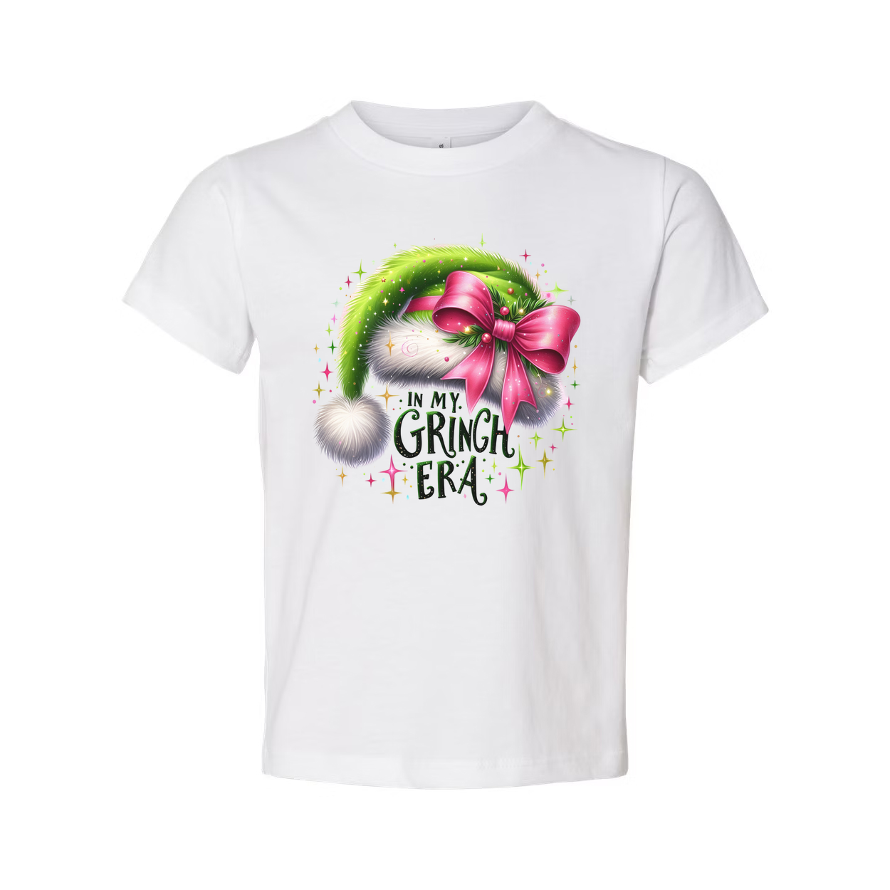 Christmas In My Grinch Era Unisex T Shirt With Green Santa Hat And Pink Bow Graphic Design