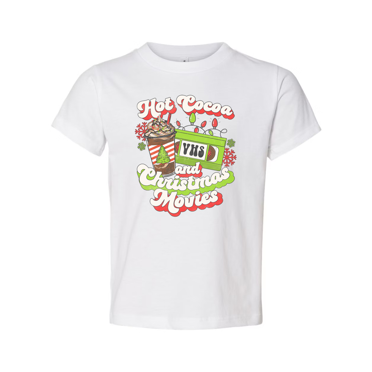 Unisex Christmas T Shirt Featuring Hot Cocoa And Christmas Movies VHS Design Graphic
