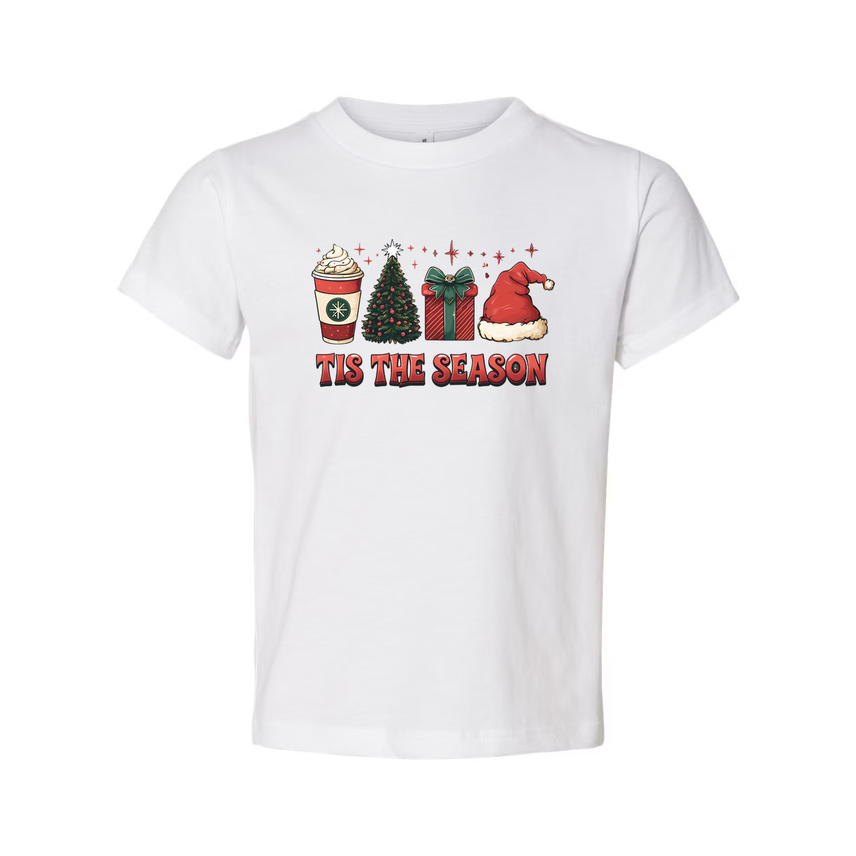 Unisex Christmas T Shirt With Festive Graphics Tis The Season Santa Hat Gift Box Coffee Cup Christmas Tree