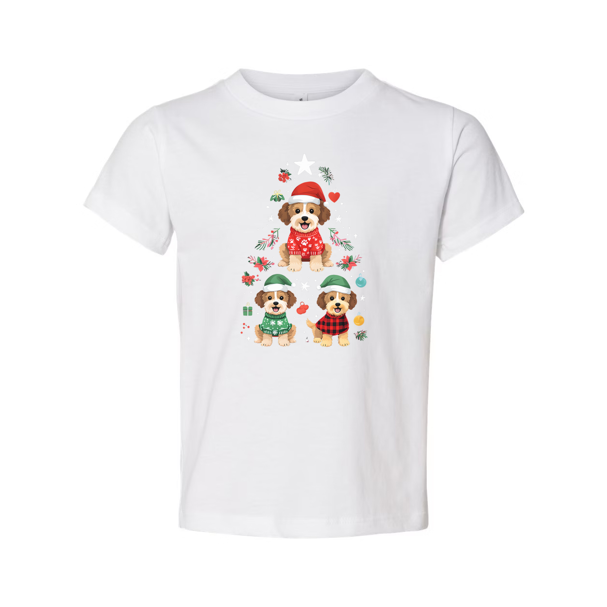 Unisex Christmas T Shirt With Three Cute Dogs In Festive Winter Outfits Surrounded By Holiday Ornaments