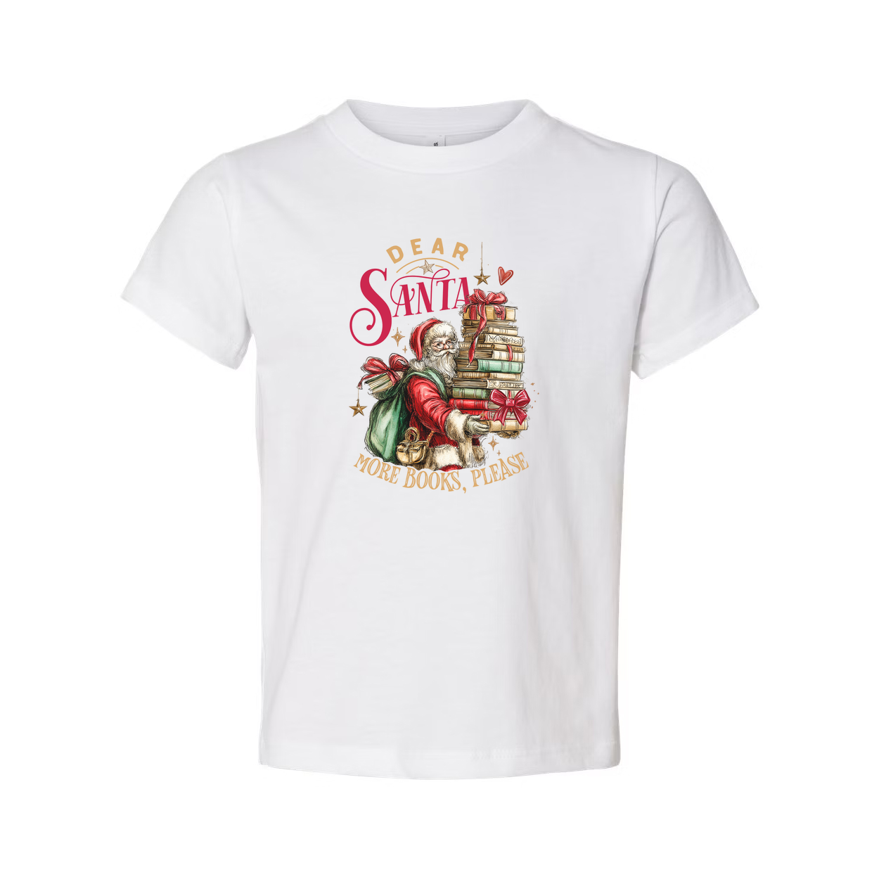 Unisex Christmas T Shirt with Santa Carrying a Stack of Books and Gifts Graphic Design