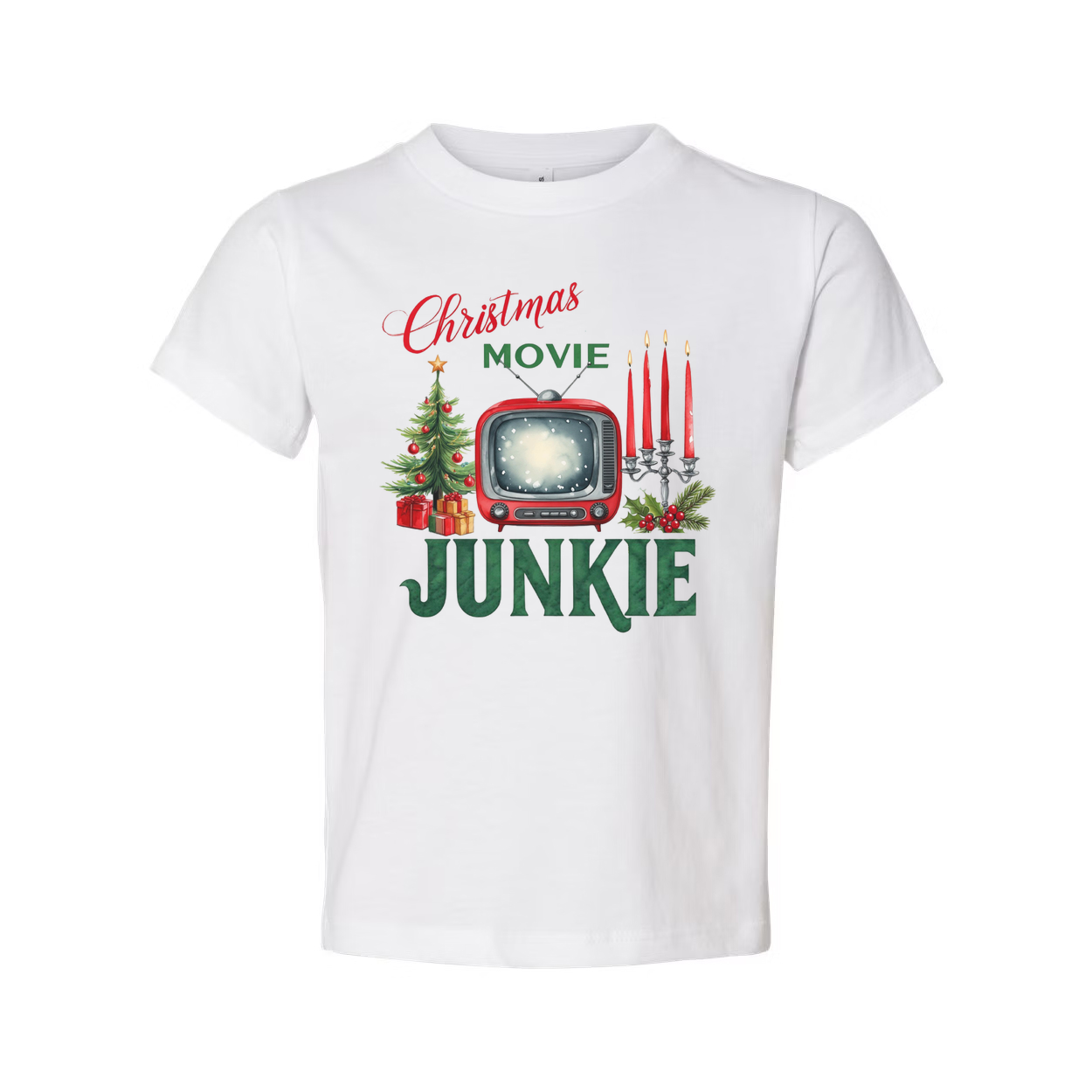Christmas Movie Junkie Unisex T Shirt With Retro TV Candles And Christmas Tree Print