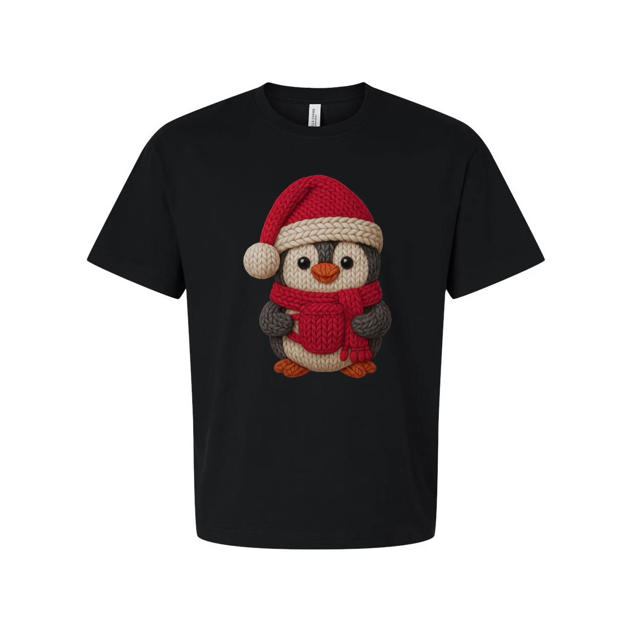 Unisex Christmas Penguin Knit Design T Shirt With Santa Hat And Red Cozy Scarf Print