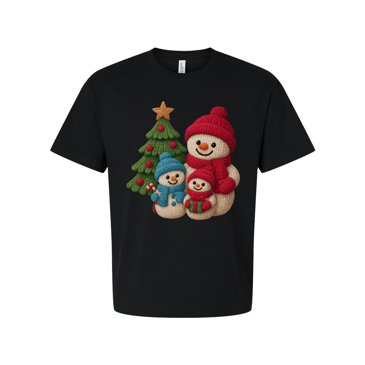 Christmas Snowmen Family Knit Style Graphic T Shirt With Tree And Gift Design For Adults And Kids