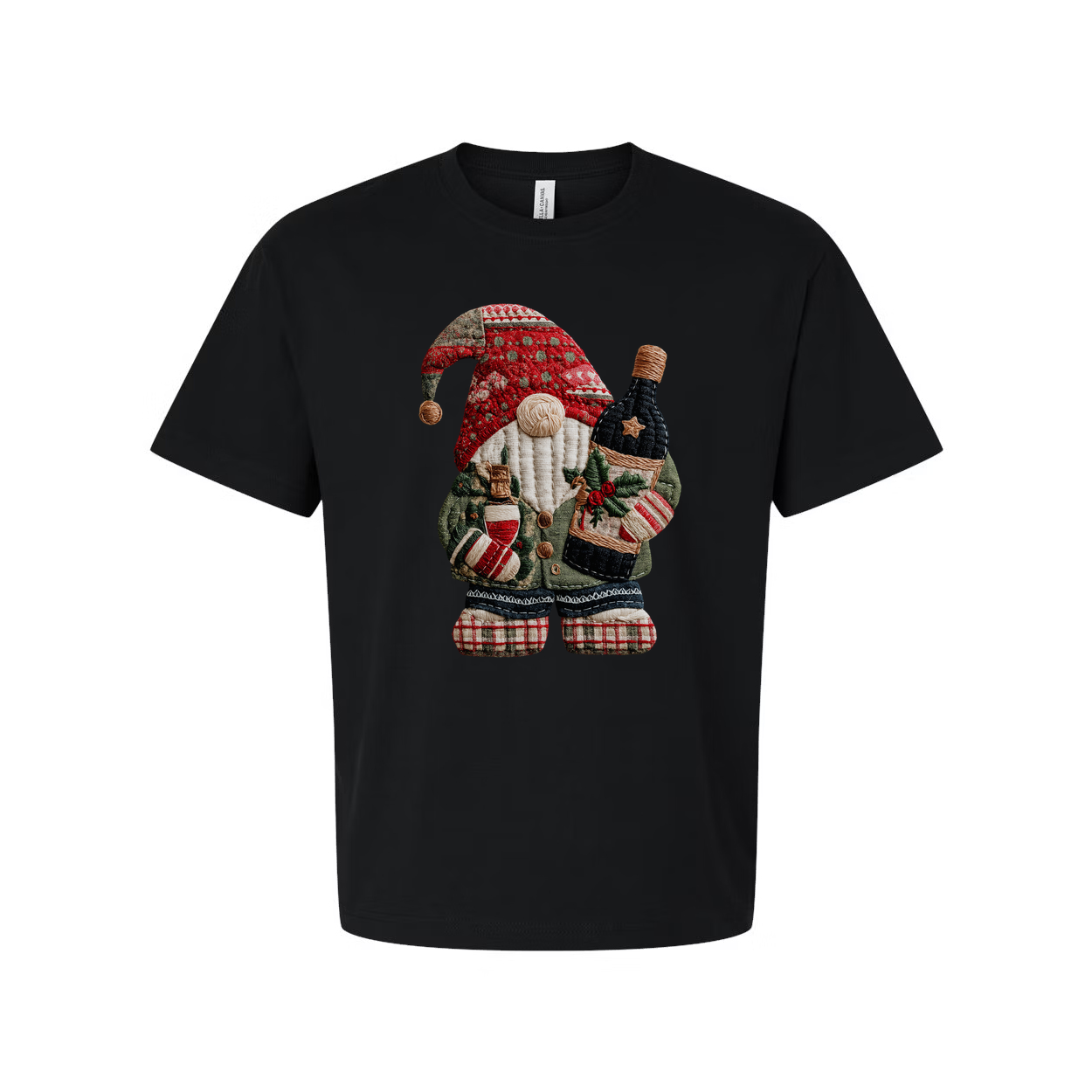 Christmas Santa Claus Knitted Patch T Shirt Featuring Bottle Wrapped Gifts And Festive Details