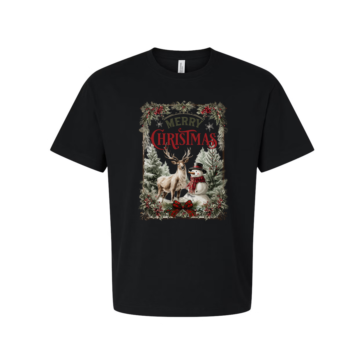 Merry Christmas Graphic Unisex T Shirt With Deer Snowman In Winter Forest Scene Artwork