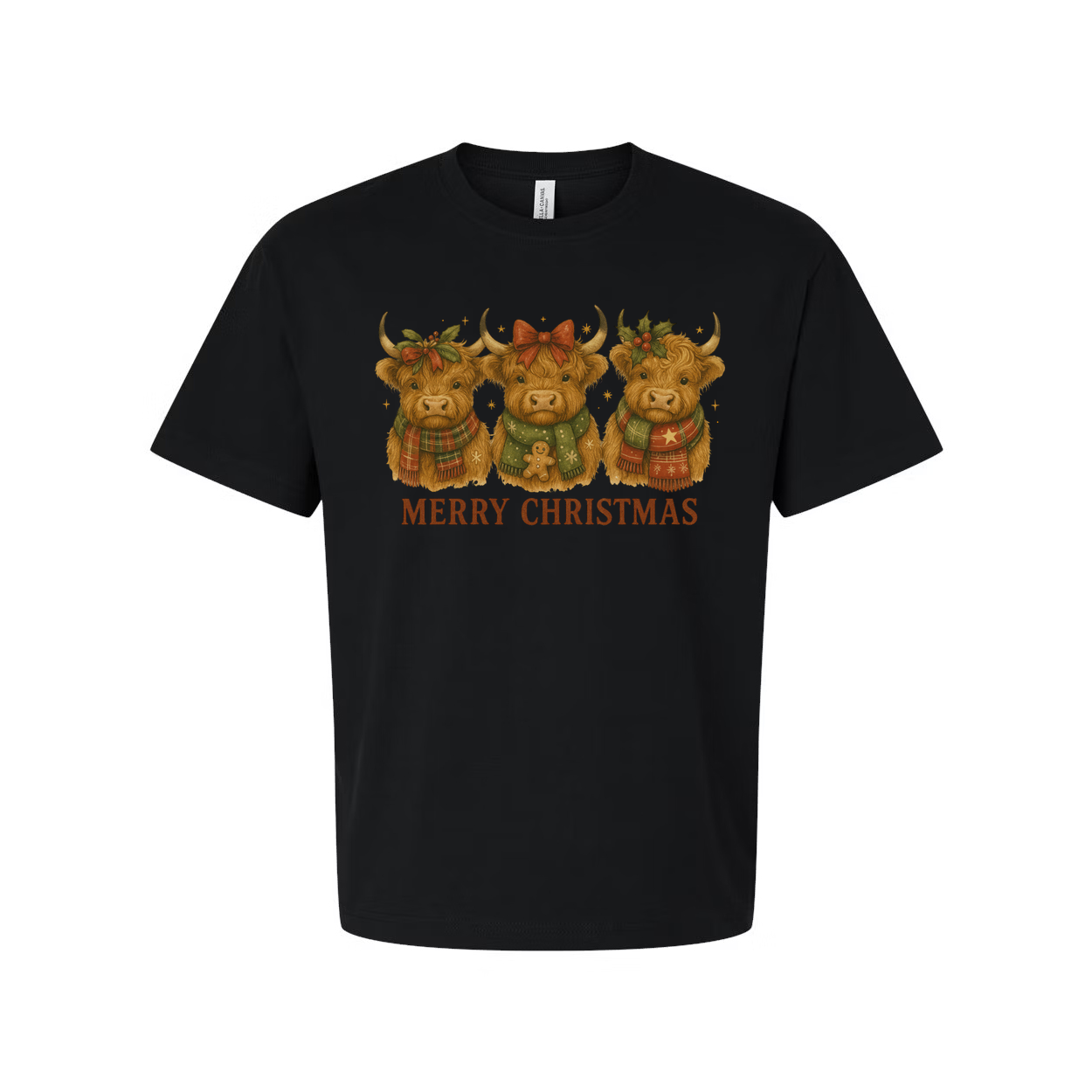 Unisex Christmas T Shirt With Three Highland Cows In Holiday Scarves And Merry Christmas Message