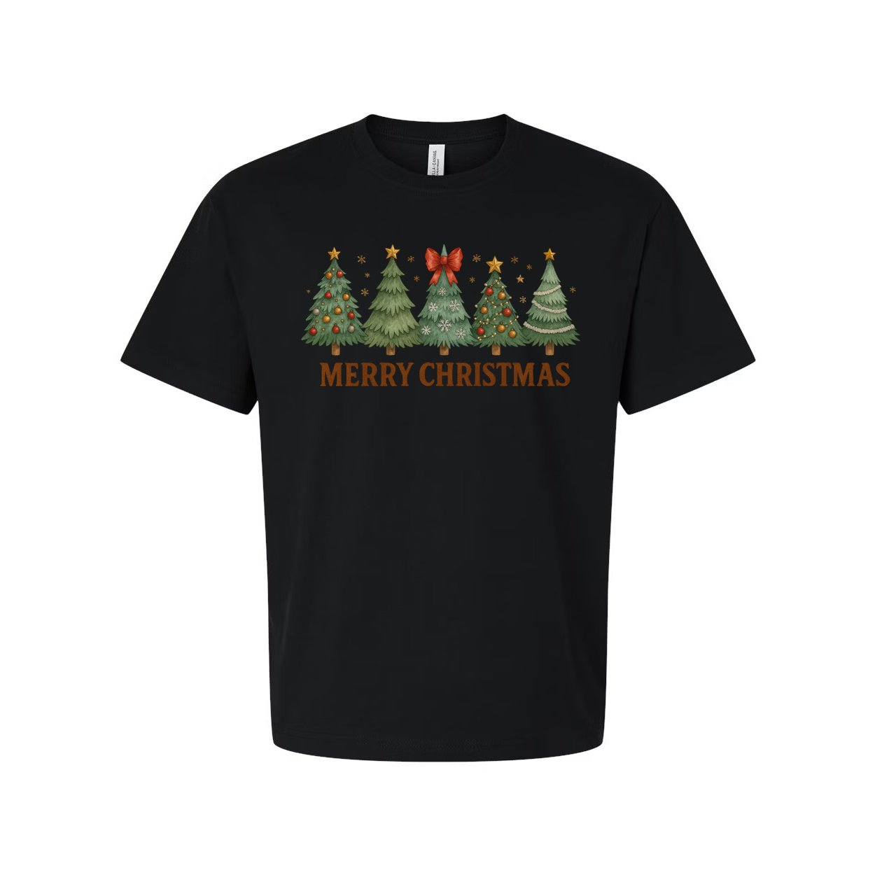 Unisex Christmas T Shirt With Snowy Christmas Tree Row Graphic And Merry Christmas Text