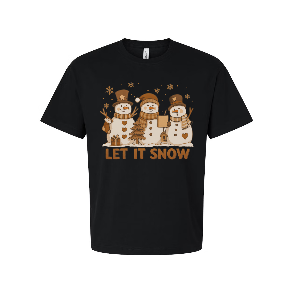 Let It Snow Christmas Graphic Tee Unisex Short Sleeve Snowman Trio Design For Holiday Season