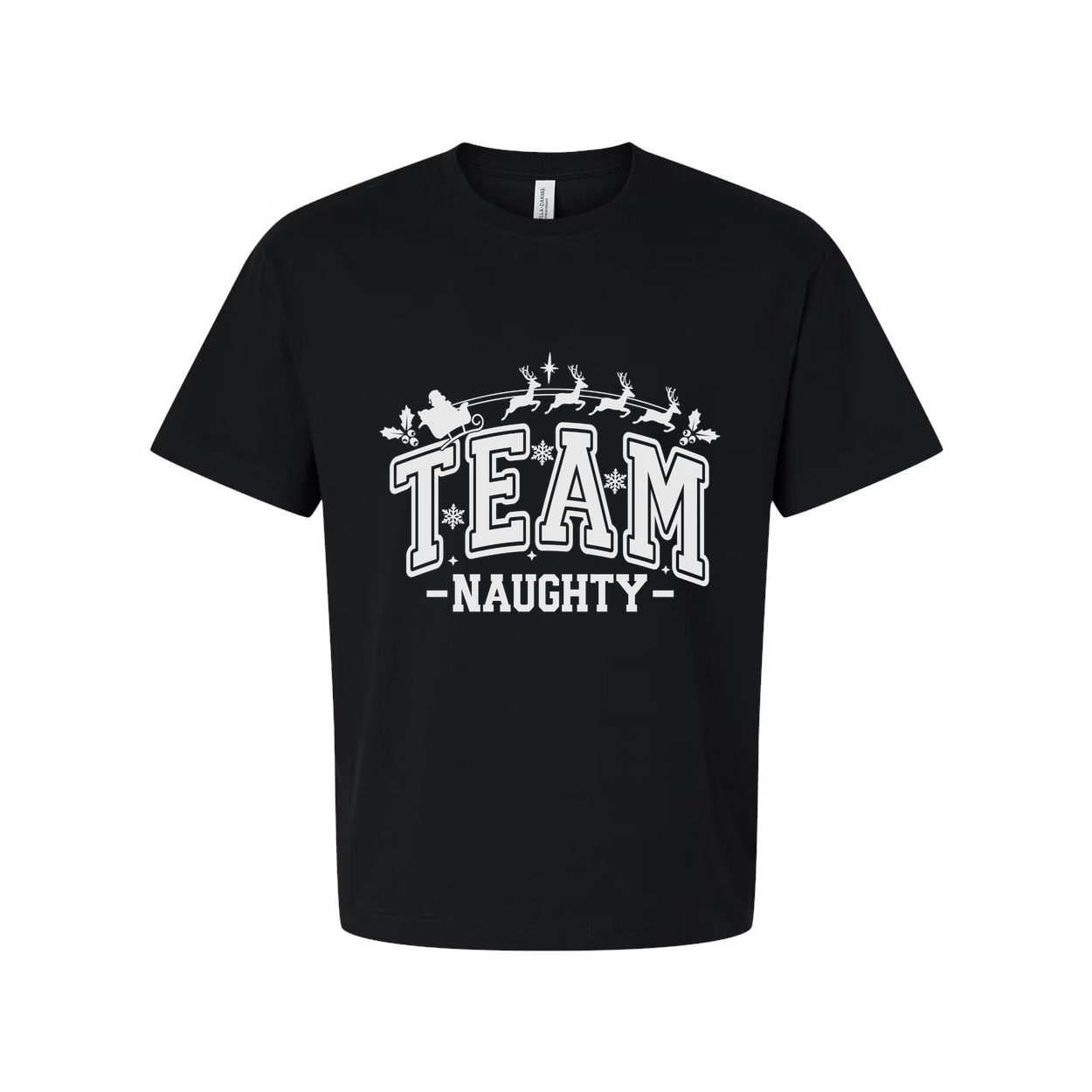 Team Naughty Christmas Graphic T Shirt Unisex Holiday Tee With Santa Sleigh Design