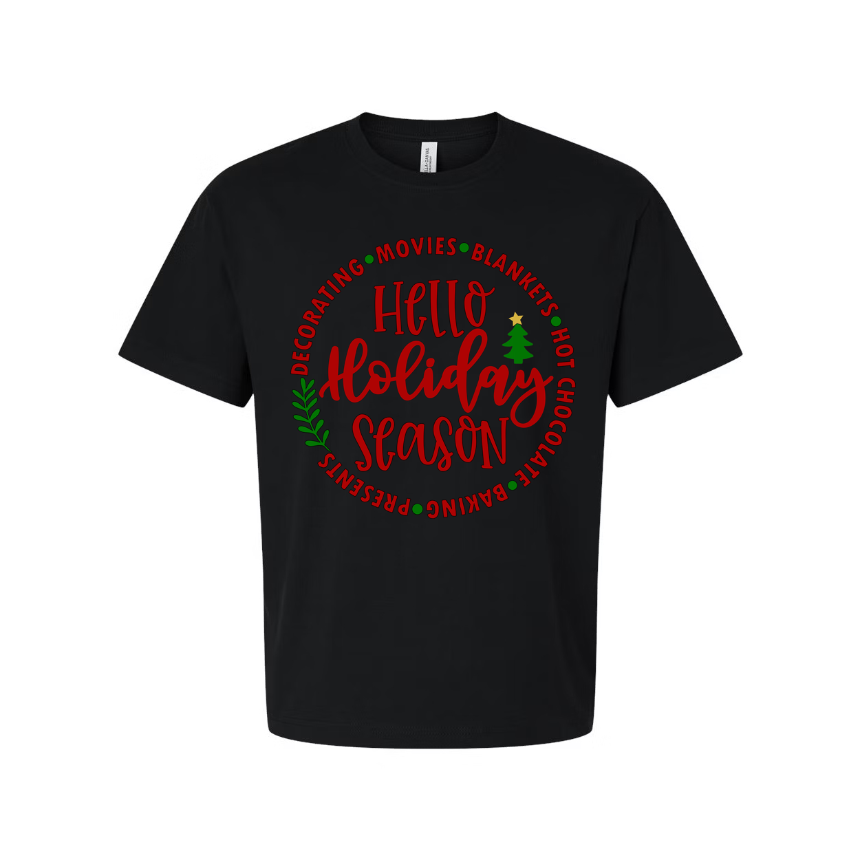 Hello Holidays Season Unisex Christmas T Shirt With Circular Festive Graphic Design