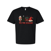 Unisex Christmas T Shirt With Festive Graphics Tis The Season Santa Hat Gift Box Coffee Cup Christmas Tree