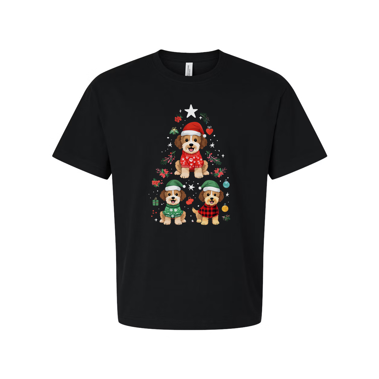 Unisex Christmas T Shirt With Three Cute Dogs In Festive Winter Outfits Surrounded By Holiday Ornaments
