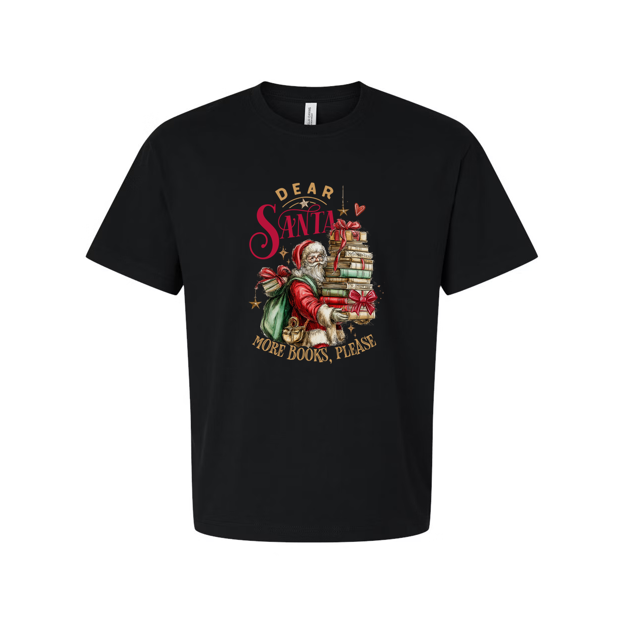 Unisex Christmas T Shirt with Santa Carrying a Stack of Books and Gifts Graphic Design